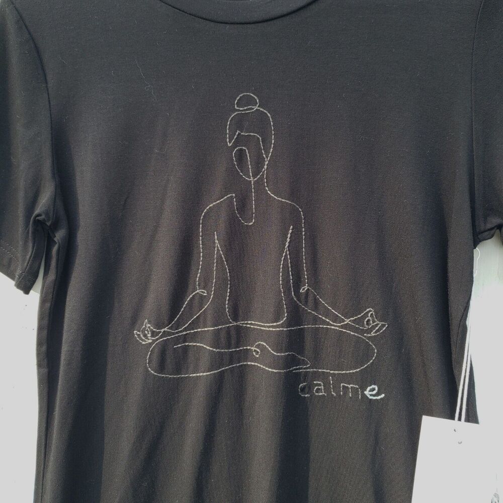 Calme By Johnny Was Women's Black Embroidered Padmasana Flowy Yoga Tee Sz XS - Picture 4 of 7
